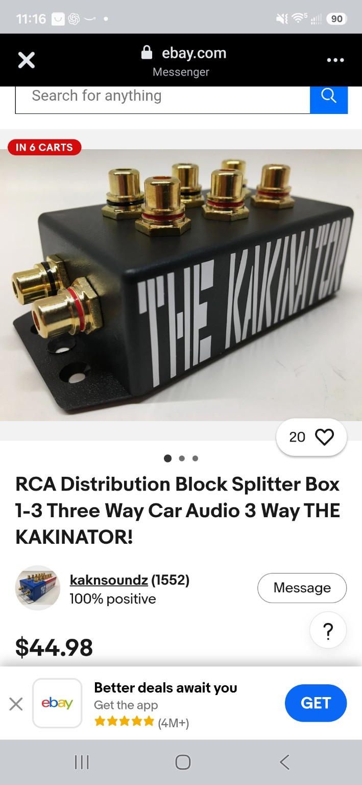 eBay screenshot showing the Kakinator three-way RCA distribution block listing